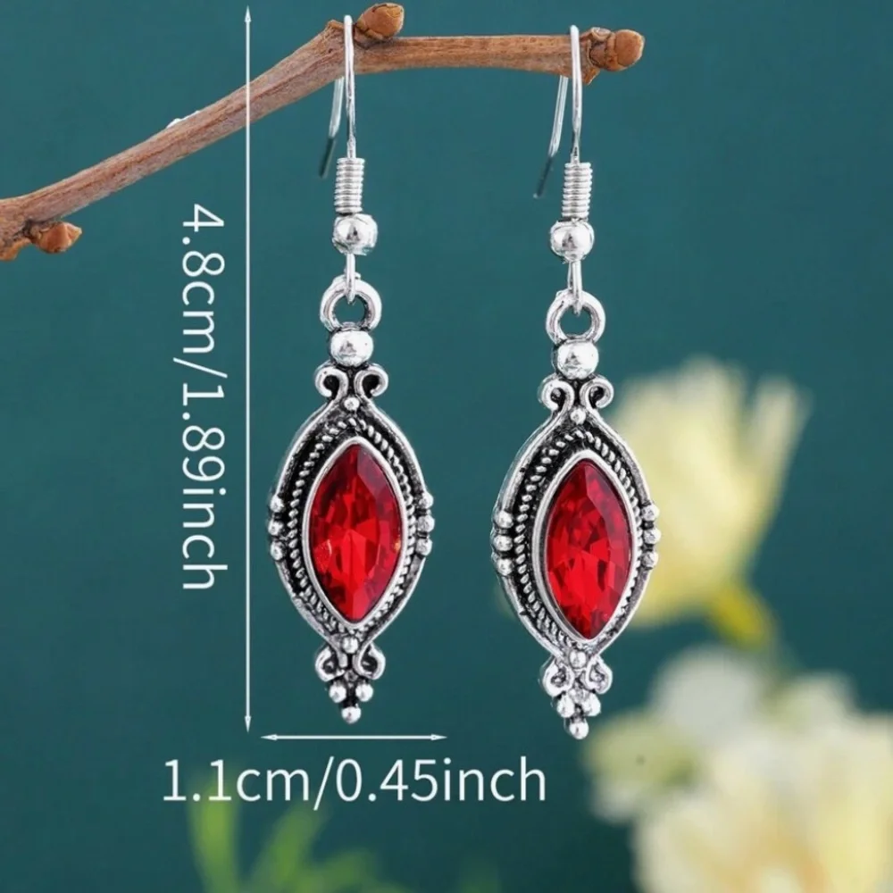 Silver Red Crystal Victorian Drop Earrings - Picture 5 of 6